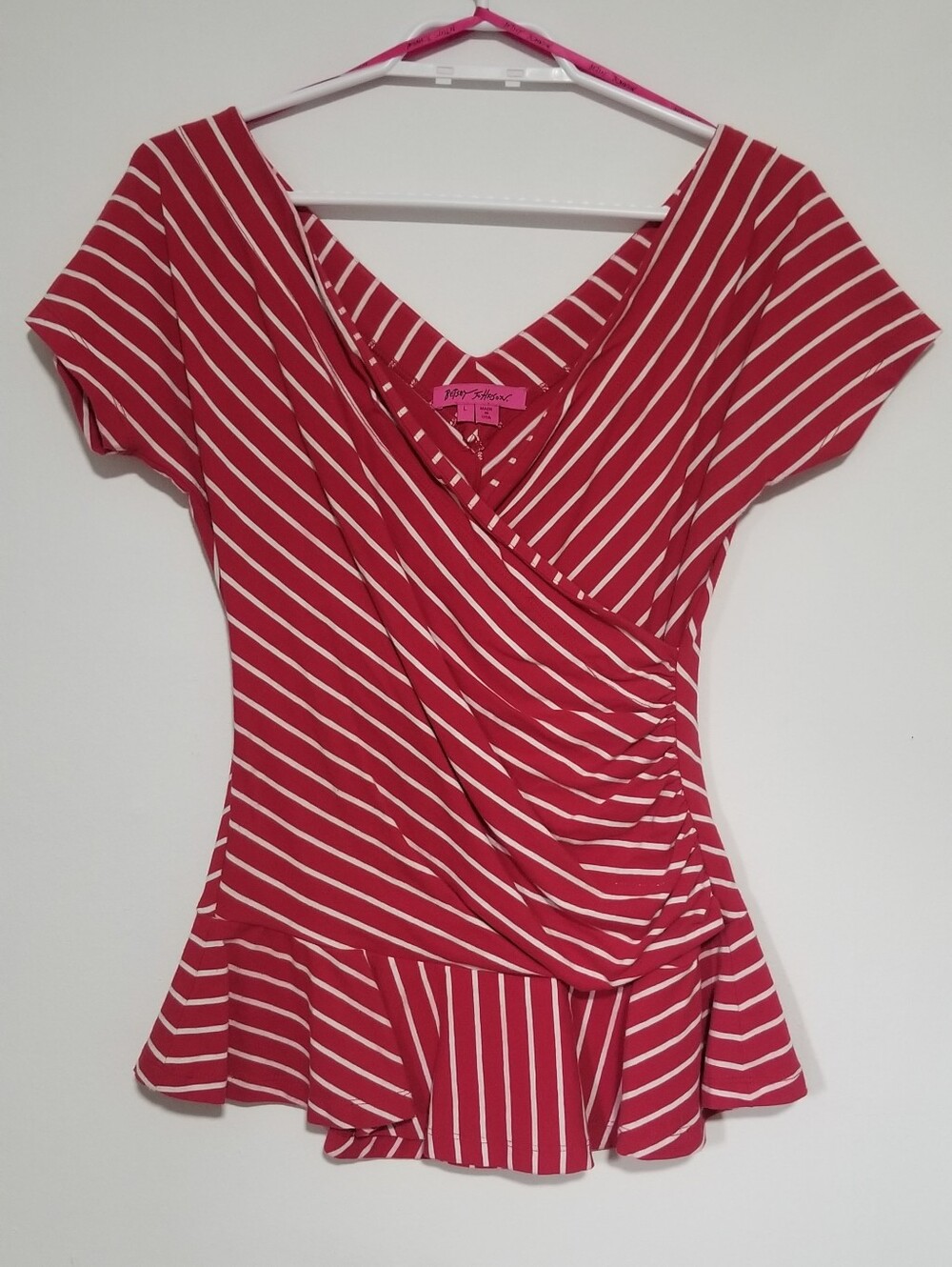 Betsey Johnson Red and White Striped Wrap Peplum Top